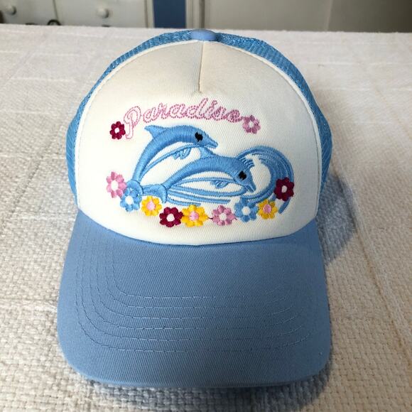None and/or Unknown Accessories - Dolphin Trucker Hat Paradise Embroidered Cap Blue White O/S Retro Kawaii Coastal